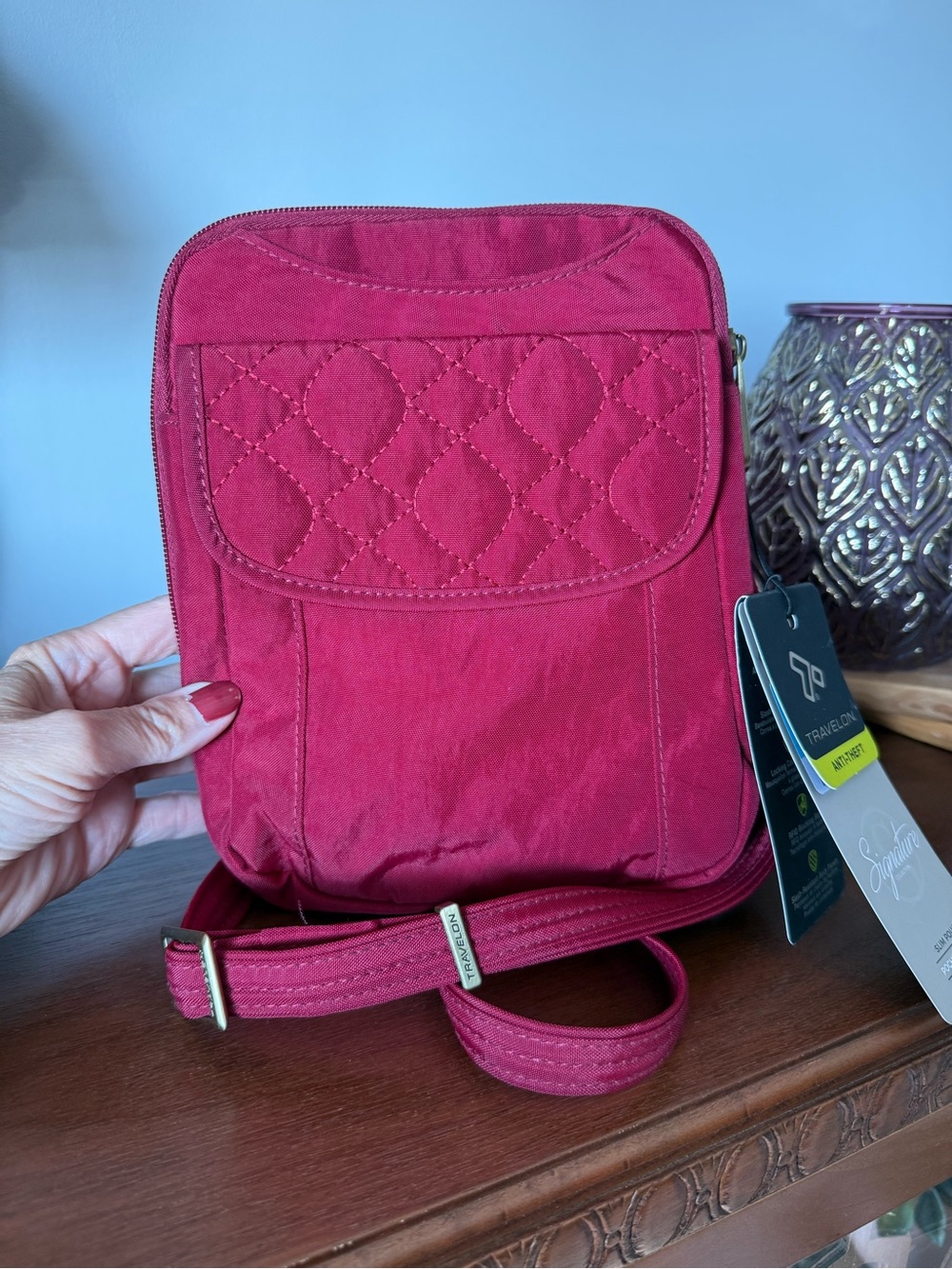 Travelon Quilted Crossbody Bag in Raspberry Red